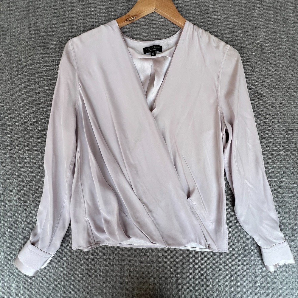 Rag & Bone Wrap Top Women XS Silver Lavender Satin Office Minimalist Long Sleeve